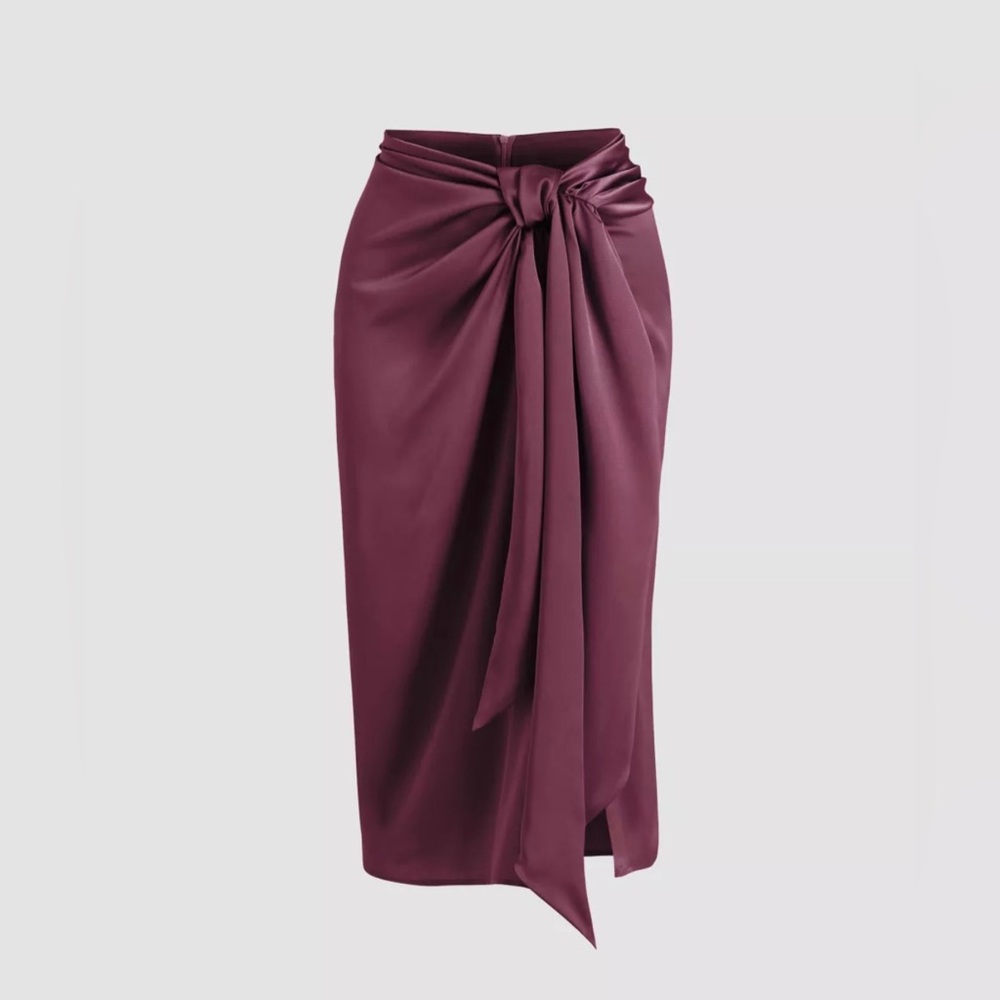 Satin Tie Front Slit Midi Skirt - Wine Color- Large